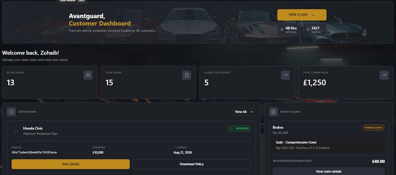 Customer Dashboard — Active Plans & Recent Claims